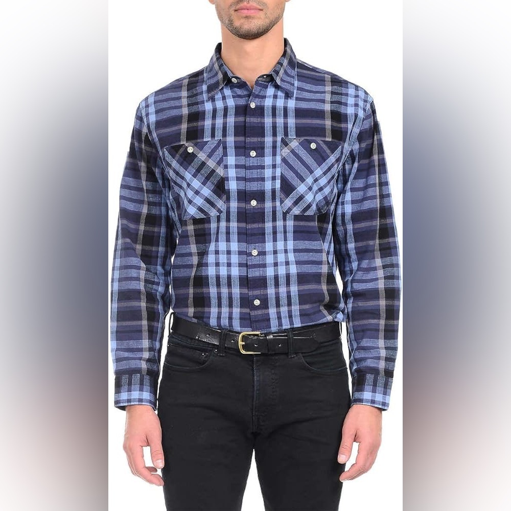 JACHS Blue Tartan Plaid Brawny Cotton‎ Linen Blend Casual Button Down Size 2XL